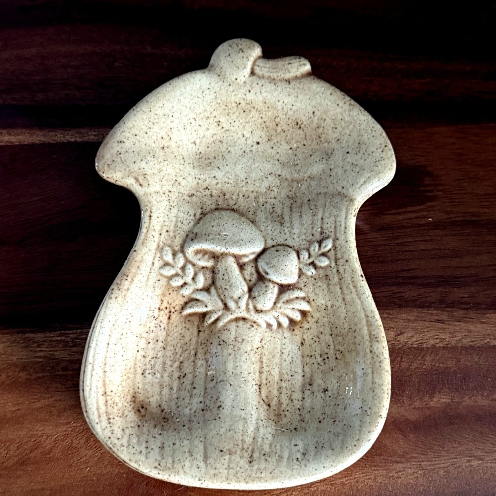 Vintage Ceramic Mushroom Spoon Rest Brown Speckled Kitchen Decor Handmade 1984